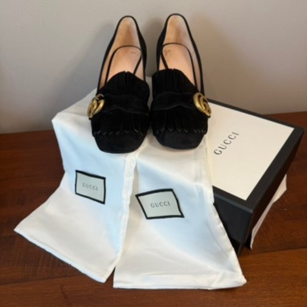 Gucci GG Marmont Fringe Loafer Pumps Black Suede Block Heel EU 37 - Picture 10 of 10